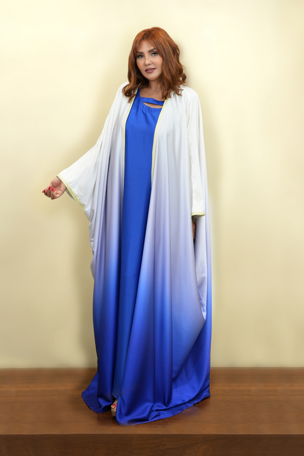 Gradient White to Blue Embroidery Bisht