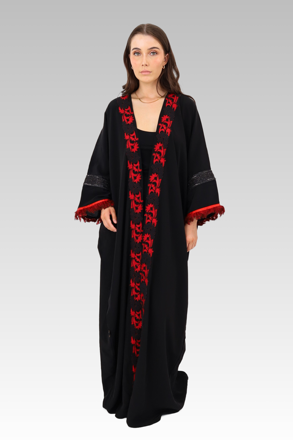 Red Floral Contrast Embroidered Abaya