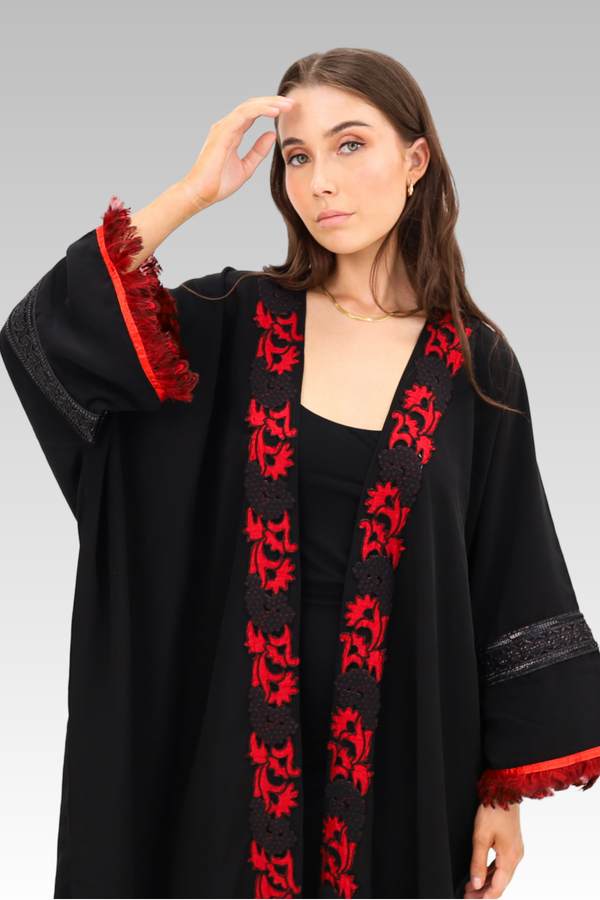 Red Floral Contrast Embroidered Abaya