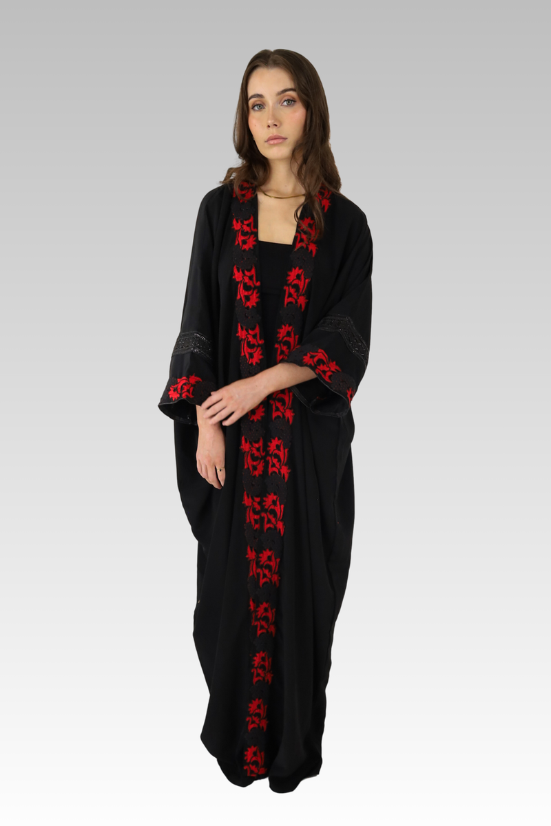 Red Floral Contrast Embroidered Abaya