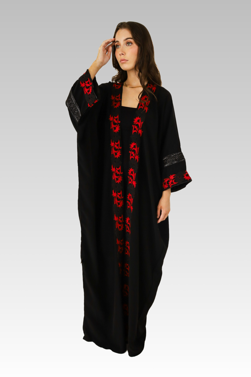 Red Floral Contrast Embroidered Abaya