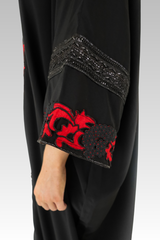 Red Floral Contrast Embroidered Abaya