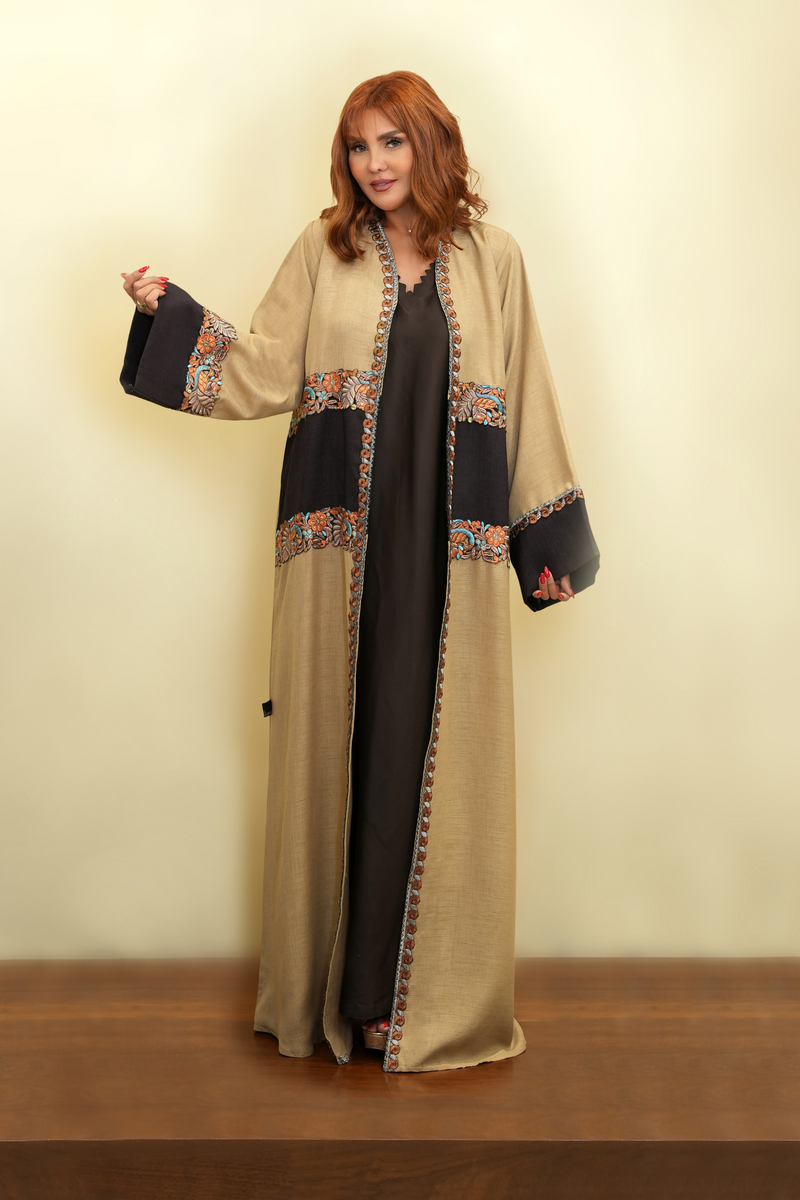 Floral Leaf Embroidery Brown Abaya