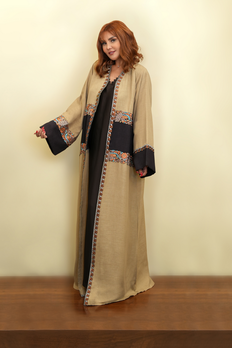 Floral Leaf Embroidery Brown Abaya